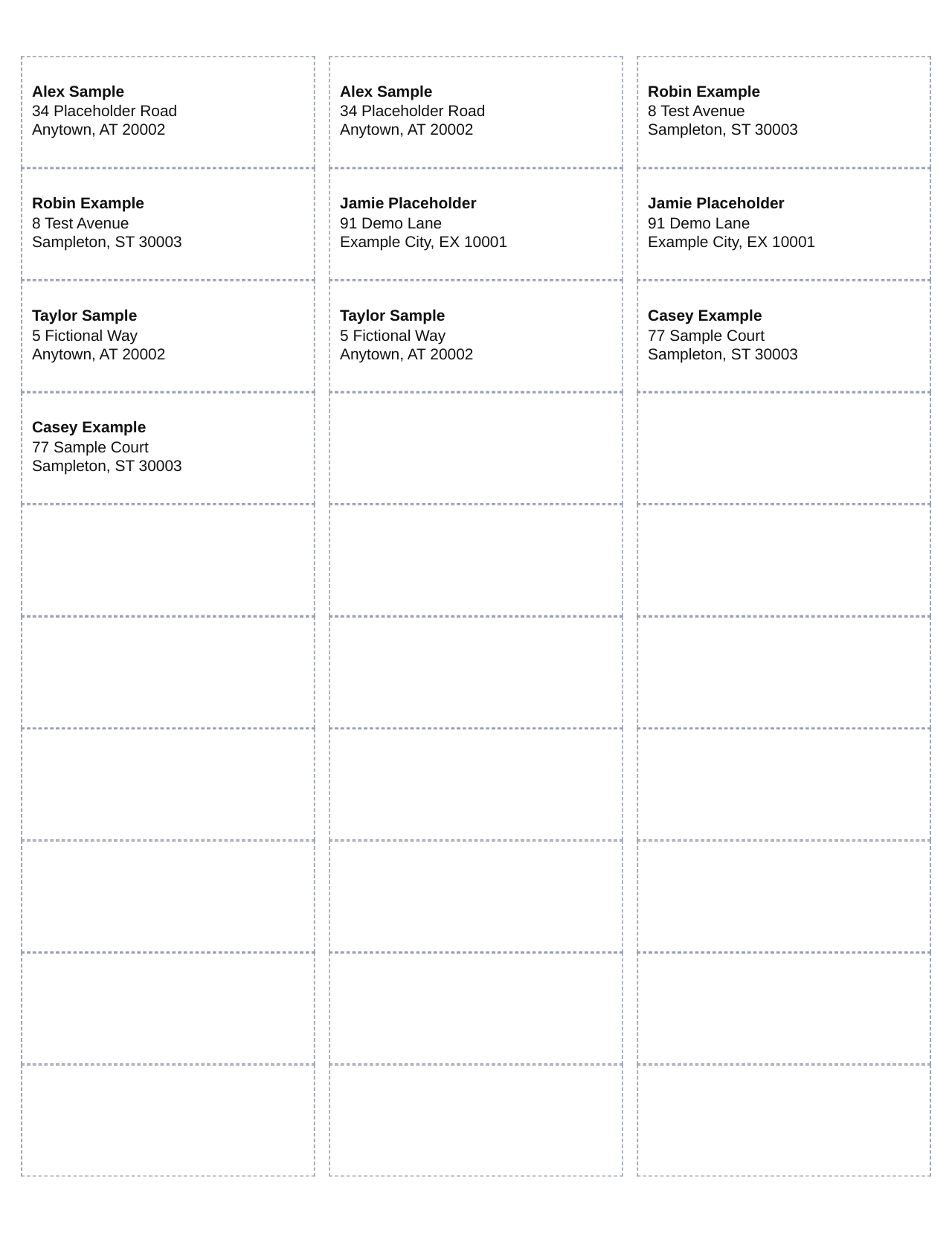Sample address label sheet PDF with fictional names (page 1)