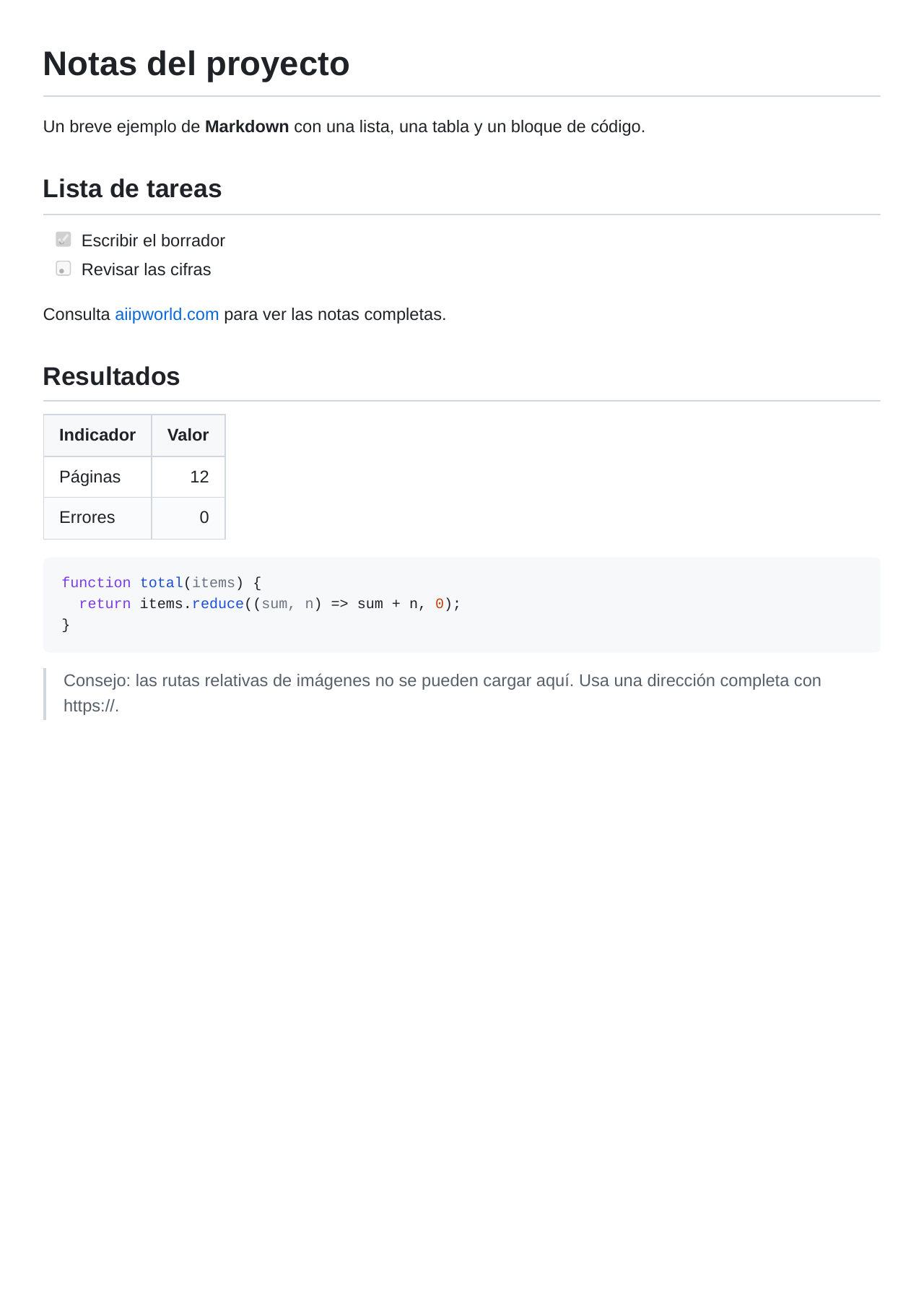 PDF hecho a partir de una muestra en Markdown escrita en español (página 1)