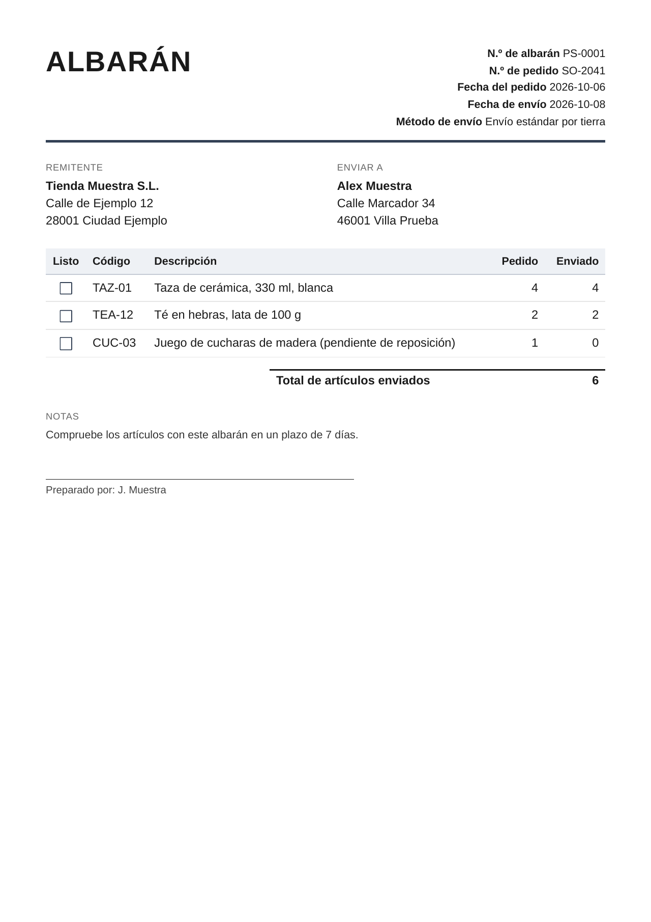 Ejemplo de albarán en PDF con nombres ficticios (página 1)