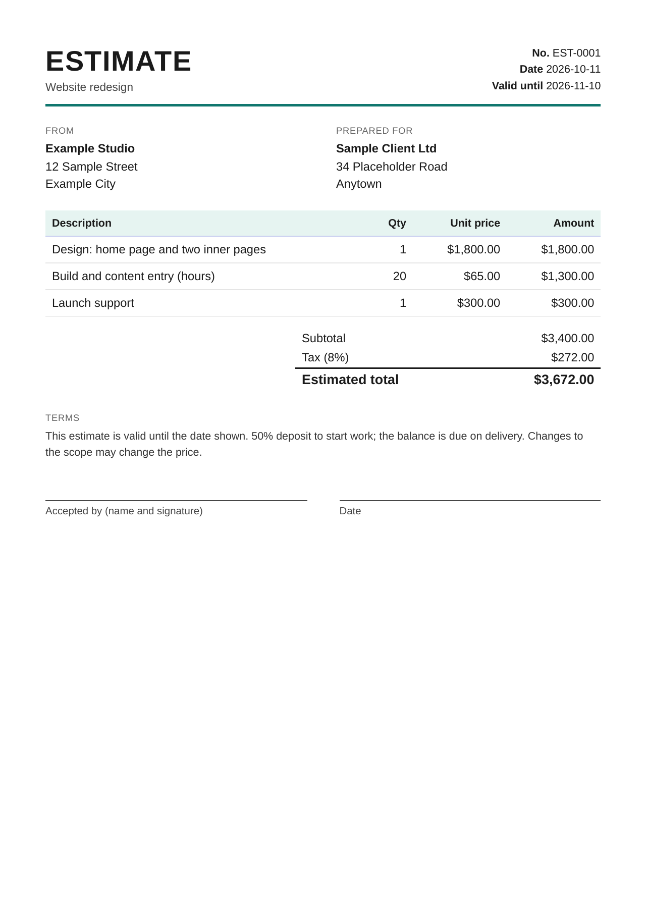Sample estimate PDF with fictional parties (page 1)