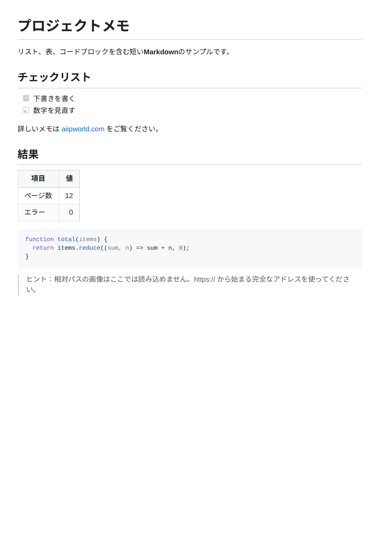 日本語のMarkdownサンプルから作成したPDF(1ページ目)