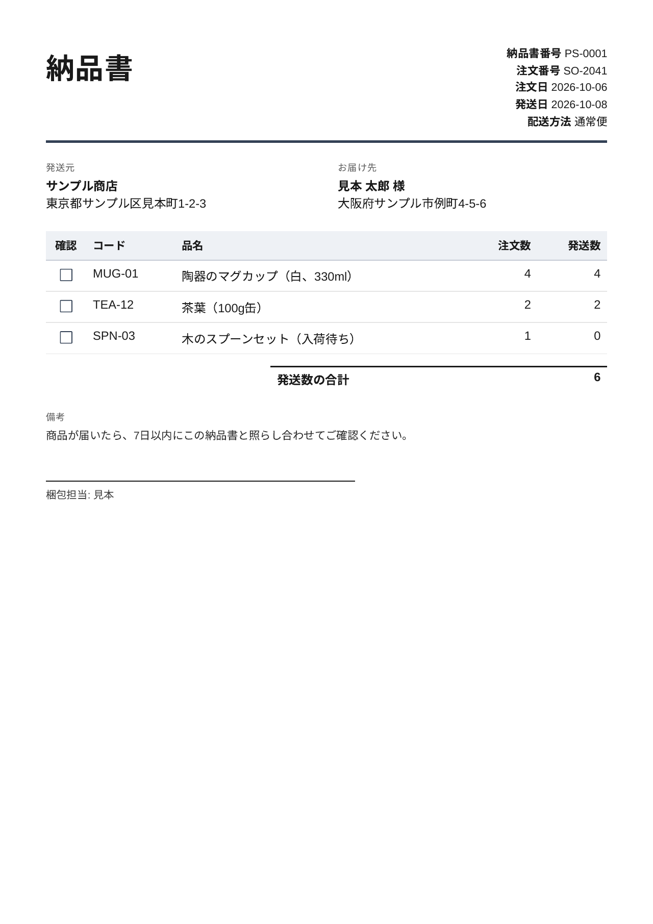 架空の名前を使った納品書のサンプルPDF（1ページ目）