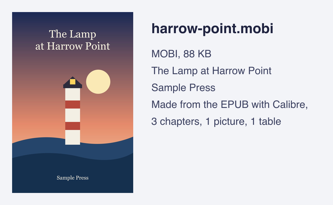 The cover of the sample MOBI file next to the file name, size and title
