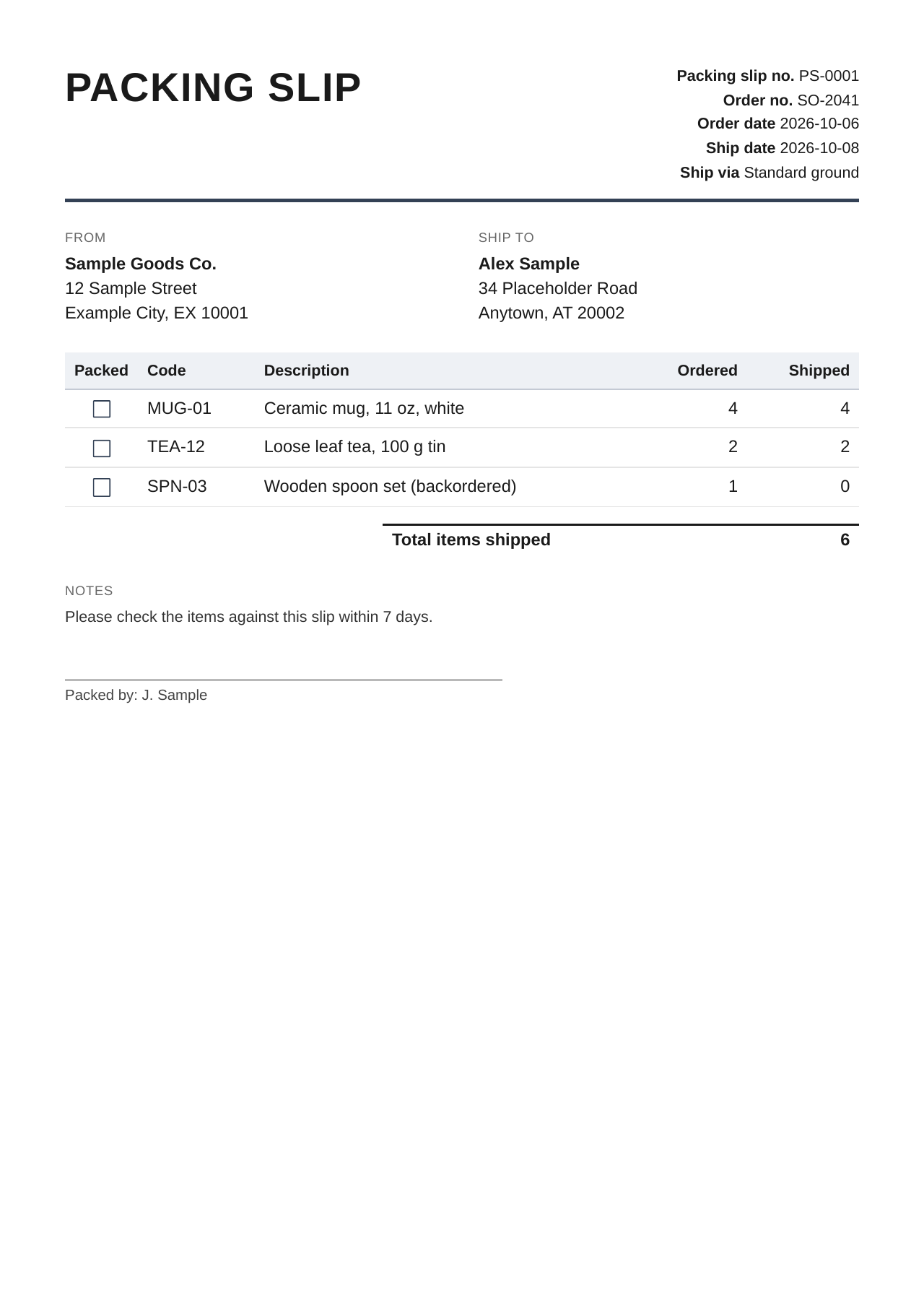 Sample packing slip PDF with fictional names (page 1)