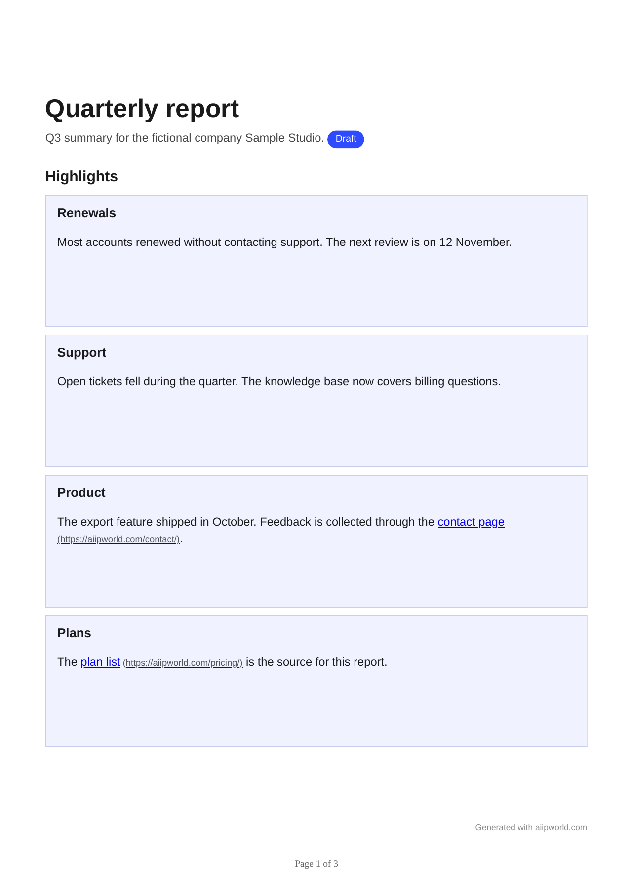 Two-page report printed with the CSS from this guide (page 1)