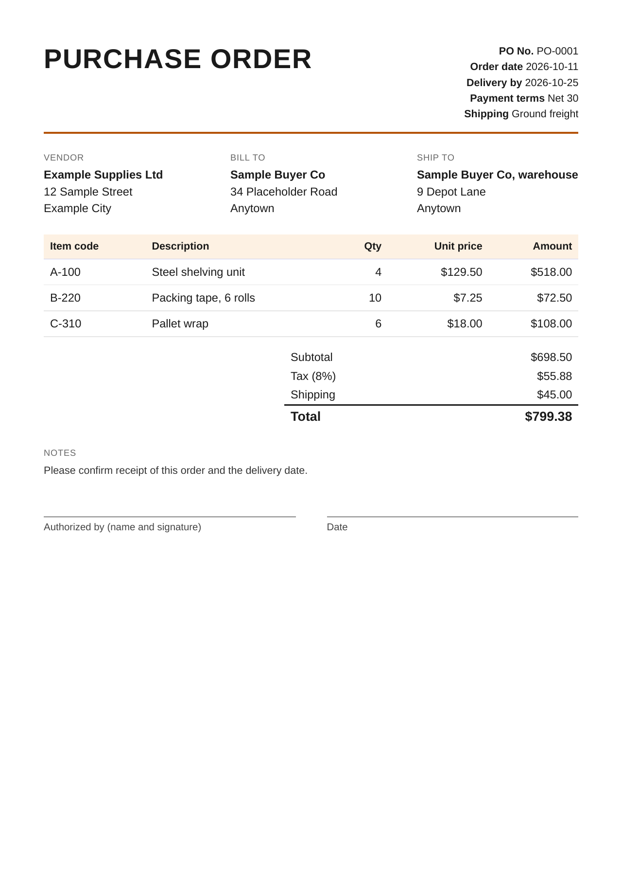 Sample purchase order PDF with fictional parties (page 1)