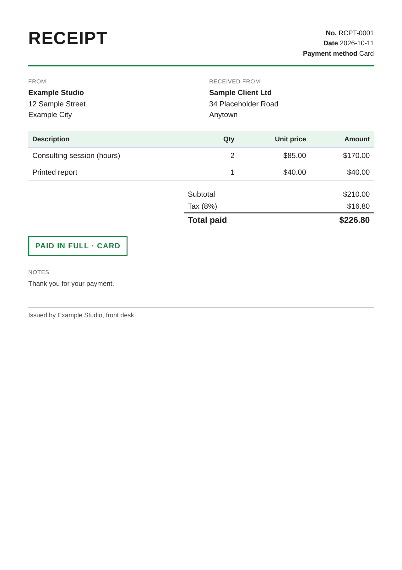 Sample receipt PDF with fictional parties (page 1)