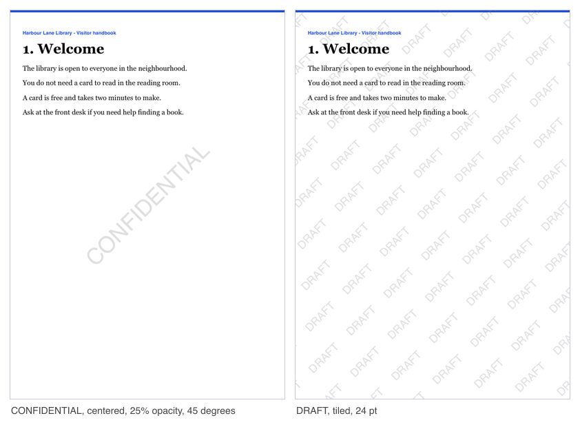 Page 1 of the sample PDF with a diagonal CONFIDENTIAL watermark and with a tiled DRAFT watermark