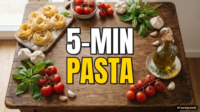Example cooking thumbnail: the title 5-MIN PASTA over a wooden table with pasta, tomatoes and basil