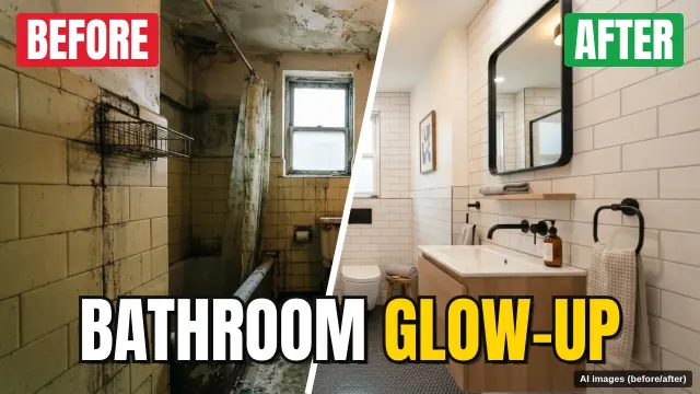 Example DIY thumbnail: a bathroom split diagonally into BEFORE and AFTER halves with the title BATHROOM GLOW-UP