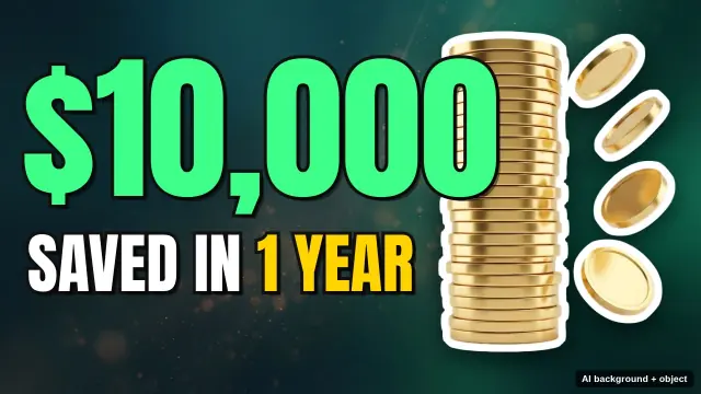 Example finance thumbnail: a big green $10,000 with SAVED IN 1 YEAR next to a stack of gold coins