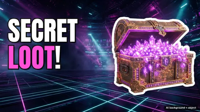 Example gaming thumbnail: the title SECRET LOOT! next to a glowing treasure chest on a neon background