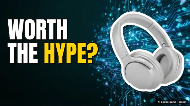 Example tech thumbnail: the title WORTH THE HYPE? next to a pair of silver headphones on a blue circuit background