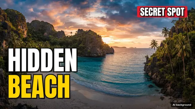Example travel thumbnail: the title HIDDEN BEACH and a red SECRET SPOT tag over a tropical cove at sunset